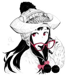 Rule 34 | 1girl, beanie, bow, glasses, hair bow, hat, horned girl (jaco), horns, jaco, knit hat, long hair, looking to the side, monochrome, original, red-framed eyewear, red eyes, removing eyewear, solo, spot color, sweater, upper body, winter clothes