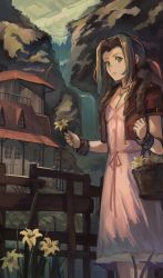 Rule 34 | 1girl, absurdres, aerith gainsborough, bangle, bracelet, braid, braided ponytail, brown hair, buttons, choker, cropped jacket, dress, fence, final fantasy, final fantasy vii, final fantasy vii remake, flower, flower basket, gainsborough house, green eyes, hair over shoulder, hair ribbon, highres, holding, holding flower, house, jacket, jewelry, kornod, leaf, long dress, long hair, parted bangs, parted lips, pink dress, red jacket, ribbon, short sleeves, sidelocks, solo, square enix, upper body, water, waterfall, yellow flower