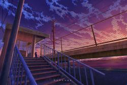 Rule 34 | aeuna, artist name, building, cat, chain-link fence, cloud, commentary, english commentary, fence, highres, mountain, no humans, original, outdoors, power lines, purple sky, railing, rural, scenery, sky, stairs, sunset, utility pole, watermark