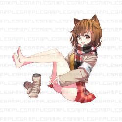 Rule 34 | 1girl, boots, breasts, censored, ejami, feet, looking at viewer, mosaic censoring, open mouth, original, sample watermark, short hair, simple background, solo, unworn boots, watermark, white background