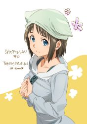 Rule 34 | 1girl, blue eyes, breasts, brown hair, closed mouth, collarbone, commentary request, grey sweater, hat, highres, hood, hooded sweater, long sleeves, looking at viewer, own hands together, ronye arabel, short hair, simple background, solo, standing, sweater, sword art online, sword art online: alicization, sword art online: alicization - war of underworld, tokira nozumi, translation request, upper body, white hat
