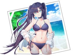 Rule 34 | 1girl, 919563146, absurdres, aqua eyes, beach, beads, bikini, bracelet, breasts, choker, cleavage, cloud, cloudy sky, contrapposto, cowboy shot, earrings, floating hair, genshin impact, hand on own hip, highres, jewelry, light smile, long hair, looking at viewer, medium breasts, mona (genshin impact), navel, off-shoulder shirt, off shoulder, purple bikini, purple choker, purple hair, shirt, side-tie bikini bottom, sky, solo, star (symbol), star earrings, swimsuit, tree, twintails, water, white shirt