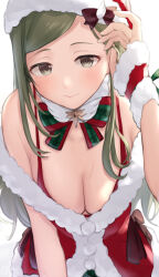 Rule 34 | 1girl, asymmetrical hair, bare shoulders, bow, bowtie, bra, breasts, brooch, brown bow, brown eyes, christmas, cleavage, closed mouth, commentary request, downblouse, fur-trimmed headwear, fur trim, green bow, green bowtie, green hair, hand up, hat, hat bow, highres, holding, holding own hair, idolmaster, idolmaster shiny colors, jewelry, kijibato 123-gou, leaning forward, long hair, looking at viewer, medium breasts, nanakusa hazuki, off shoulder, paid reward available, plaid, plaid bow, plaid bowtie, pom pom (clothes), red bra, santa costume, santa hat, sidelocks, simple background, smile, solo, swept bangs, tucking hair, two-tone bowtie, underwear, upper body, wet, white background, wrist cuffs