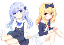 Rule 34 | 2girls, aria (utsumire), arm at side, black bow, black dress, blonde hair, blue bow, blue eyes, blue hair, blush, bow, closed mouth, commentary, crossed bangs, dress, eyes visible through hair, feet out of frame, fingernails, flower, frilled dress, frills, hair between eyes, hair bow, hair flower, hair ornament, hand up, hands on own knees, head tilt, kneehighs, knees together feet apart, long hair, long sleeves, looking at viewer, multiple girls, neck ribbon, no shoes, original, red eyes, red ribbon, ribbon, sailor collar, shirt, simple background, sitting, sleeveless, sleeveless dress, smile, socks, utsunomiya tsumire, white background, white dress, white flower, white sailor collar, white shirt, white socks, yokozuwari, yuki (utsumire)