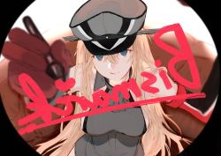 Rule 34 | 1girl, bad id, bad twitter id, bare shoulders, bismarck (kancolle), blonde hair, blue eyes, breasts, brown gloves, character name, circle, circle cut, elbow gloves, gloves, hair between eyes, hat, heart, kantai collection, long hair, okayu (papiko1111), peaked cap, smile, solo, upper body, writing, drawing on fourth wall