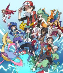 Rule 34 | 3girls, 6+boys, arm up, ascot, backpack, bag, baseball cap, beanie, black hair, black pants, black shirt, blue footwear, blue gloves, blue headwear, brendan (pokemon), brown eyes, brown hair, buckle, buttons, cape, capri pants, champion uniform, charizard, charizard pose, clenched hand, clenched hands, closed mouth, coat, commentary, creatures (company), cresselia, dark-skinned female, dark-skinned male, dark skin, dawn (pokemon), dawn (sygna suit) (pokemon), earrings, facial hair, feathers, fur-trimmed cape, fur trim, game freak, gen 1 pokemon, gen 3 pokemon, gen 4 pokemon, gen 7 pokemon, gloves, green bag, green footwear, green hair, hand up, hat, highres, holding, holding feather, hyo oppa, jacket, jewelry, latias, legendary pokemon, leon (pokemon), long hair, looking back, lycanroc, lycanroc (midnight), may (anniversary 2022) (pokemon), may (pokemon), multiple boys, multiple girls, n (anniversary 2021) (pokemon), n (pokemon), necklace, nintendo, official alternate costume, olivia (pokemon), outstretched arm, pants, pantyhose, pikachu, pokemon, pokemon hgss, pokemon masters ex, pokemon oras, pokemon sm, pokemon swsh, poryphone, purple hair, purple shorts, purple skirt, red (pokemon), red (sygna suit) (pokemon), red cape, red coat, red hair, red headwear, riding, riding pokemon, sceptile, scottie (pokemon), shirt, shoes, short hair, short sleeves, shorts, sidelocks, silver (pokemon), skirt, sleeveless, sleeveless coat, sleeveless jacket, smile, spread fingers, swept bangs, tailcoat, w, white ascot, white footwear, white headwear, zipper pull tab
