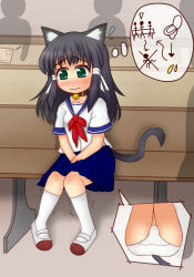 Rule 34 | 1girl, animal ears, arrow (symbol), ass, bell, between legs, black hair, blue sailor collar, blue skirt, blush, bow, bowtie, cat ears, cat tail, chair, collar, collarbone, embarrassed, female focus, flying sweatdrops, from below, green eyes, hair ribbon, hand between legs, have to pee, inatoto, indoors, jingle bell, kneehighs, knees together feet apart, long hair, miniskirt, multiple views, neck bell, nose blush, original, own hands together, panties, paper, pencil, pigeon-toed, pleated skirt, red neckwear, ribbon, sailor collar, shirt, shoes, short sleeves, silhouette, sitting, skirt, socks, tail, thought bubble, toilet, trembling, underwear, v arms, white footwear, white panties, white ribbon, white shirt, white socks