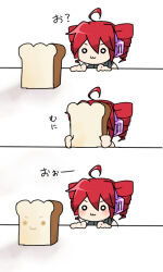Rule 34 | . ., 1girl, 3koma, :3, ahoge, black shirt, bread, comic, commentary request, drill hair, food, food on face, headphones, holding, holding food, kasane teto, loaf of bread, o o, red hair, rike (pixiv), shirt, short hair, simple background, smile, translated, twin drills, upper body, utau, v-shaped eyebrows, white background