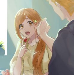 Rule 34 | 1boy, 1girl, 21 isbivm, asymmetrical wings, black shirt, bleach, breasts, couple, eating, flower, food, fruit, hair behind ear, hair flower, hair ornament, hair over shoulder, hand in another&#039;s hair, holding, holding food, holding fruit, indoors, inoue orihime, kurosaki ichigo, long hair, looking at another, lower teeth only, open mouth, orange eyes, orange hair, plant, shirt, short hair, sleeves rolled up, strawberry, sweater, teeth, upper body, upper teeth only, wide-eyed, window, wings, yellow sweater