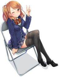 Rule 34 | 10s, 1girl, black thighhighs, blazer, blush, bow, bowtie, chair, crossed legs, folding chair, grin, highres, hojo karen, idolmaster, idolmaster cinderella girls, jacket, loafers, long hair, long sleeves, looking at viewer, mk (mod0), one eye closed, one side up, plaid, plaid skirt, pleated skirt, school uniform, shoes, simple background, sitting, skirt, smile, solo, thighhighs, v, white background, zettai ryouiki