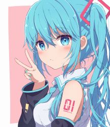 Rule 34 | 1girl, absurdres, bare shoulders, blue eyes, blue hair, blue nails, blue necktie, closed mouth, commentary, detached sleeves, from side, hatsune miku, highres, kei suke 1112, long hair, looking at viewer, nail polish, necktie, number tattoo, pink background, solo, tattoo, twintails, upper body, v, vocaloid