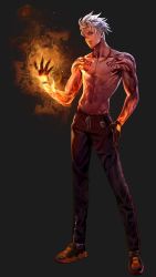 Rule 34 | 1boy, abs, arm tattoo, black gloves, closed mouth, fire, glint, gloves, glowing, green eyes, grey background, herowarz, highres, jewelry, kogseu, male focus, muscular, navel, necklace, nipples, orange footwear, scar, scar on face, scar on nose, shoes, simple background, smile, sneakers, solo, standing, tattoo, white hair