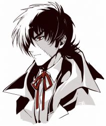 Rule 34 | 1boy, black hair, black jack (character), black jack (series), fujikiti, male focus, multicolored hair, red eyes, scar, signature, solo, split-color hair, stitches, upper body, white hair