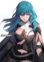 Rule 34 | 1girl, armor, armored dress, artist name, black pantyhose, blue eyes, blue hair, breasts, brown pantyhose, byleth (female) (fire emblem), byleth (fire emblem), cape, cleavage cutout, clothing cutout, cowboy shot, detached collar, fire emblem, fire emblem: three houses, gauntlets, gearous, hair between eyes, highres, lace, lace-trimmed legwear, lace trim, lips, long hair, looking to the side, medium breasts, midriff, miniskirt, navel, nintendo, pantyhose, pantyhose under shorts, shorts, simple background, skirt, solo, white background, wind