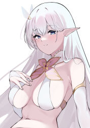 Rule 34 | 1girl, albion (azur lane), azur lane, bare shoulders, bikini, blue eyes, blush, breasts, brooch, butterfly brooch, butterfly hair ornament, cleavage, hair ornament, highres, jewelry, large breasts, long hair, looking at viewer, midriff, navel, pointy ears, revealing clothes, sling bikini top, solo, swimsuit, upper body, waka (user unuj5373), white bikini, white hair