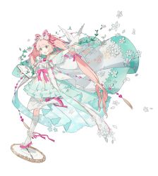 Rule 34 | 1girl, asymmetrical legwear, bird, book, brown eyes, clock, dove, dress, flower, frilled dress, frills, hair ribbon, heart, high heels, long hair, miracle nikki, open book, open mouth, pink hair, ribbon, smile, standing, standing on one leg, starshadowmagician, thighhighs, twintails, uneven legwear, white background