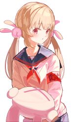 Rule 34 | 1girl, :3, blue sailor collar, blush stickers, commentary request, cropped torso, fang, grey background, hair ornament, highres, light brown hair, long hair, low twintails, natori sana, neckerchief, open mouth, rabbit hair ornament, red eyes, red neckerchief, sailor collar, sana channel, school uniform, serafuku, sidelocks, simple background, solo, tatara (alnath may), twintails, upper body, virtual youtuber