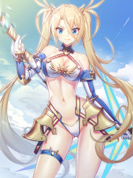 Rule 34 | &gt;:), 1girl, armor, bare shoulders, blonde hair, blue eyes, blue sky, bradamante (fate), bradamante (third ascension) (fate), braid, breasts, cleavage, closed mouth, cloud, cloudy sky, commentary request, contrapposto, criss-cross halter, crown braid, day, elbow gloves, fate/grand order, fate (series), faulds, gloves, gluteal fold, groin, hair between eyes, halterneck, highres, holding, looking at viewer, medium breasts, navel, outdoors, ririko (zhuoyandesailaer), sidelocks, sky, smile, solo, standing, thigh strap, twintails, v-shaped eyebrows, white gloves