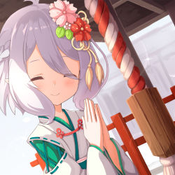 Rule 34 | 1girl, ame., antenna hair, blush, closed eyes, closed mouth, commentary request, dutch angle, eyes visible through hair, facing viewer, flower, hair flower, hair ornament, hair over one eye, hands up, hatsumoude, highres, japanese clothes, kimono, kokkoro (new year) (princess connect!), kokkoro (princess connect!), long sleeves, new year, own hands together, palms together, pink flower, princess connect!, red flower, silver hair, smile, solo, sparkle, white kimono, wide sleeves