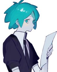 Rule 34 | 1other, black jacket, black necktie, closed mouth, commentary, green eyes, green hair, holding, holding paper, houseki no kuni, jacket, looking at viewer, necktie, other focus, paper, phosphophyllite, puffy short sleeves, puffy sleeves, short hair, short sleeves, sideways glance, simple background, solo, takenaka (takenaka1111), upper body, white background