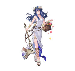 Rule 34 | 1girl, absurdres, axe, bare shoulders, basket, battle axe, blue eyes, blue hair, bracelet, breasts, closed mouth, commentary request, dress, fire emblem, fire emblem awakening, fire emblem heroes, flower, full body, hair ornament, highres, holding, holding weapon, jewelry, long dress, long hair, looking at viewer, lucina (fire emblem), lucina (valentine) (fire emblem), nintendo, official art, riz3, simple background, sleeveless, sleeveless dress, small breasts, smile, solo, standing, thigh strap, toeless footwear, toes, weapon, white background, white dress