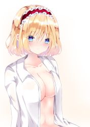Rule 34 | 1girl, alice margatroid, bad id, bad pixiv id, blonde hair, blue eyes, blush, breasts, cleavage, closed mouth, collarbone, collared shirt, frilled hairband, frills, hair between eyes, hairband, highres, looking at viewer, medium breasts, naked shirt, nanase nao, navel, open clothes, open shirt, red hairband, shirt, solo, touhou, upper body, white shirt