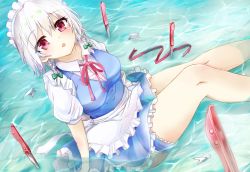 Rule 34 | 1girl, apron, blouse, blue skirt, blue vest, braid, breasts, bridal garter, chestnut mouth, dutch angle, feet out of frame, frilled skirt, frills, hair between eyes, hair ribbon, highres, in water, izayoi sakuya, knife, looking at viewer, maid headdress, medium breasts, neck ribbon, outstretched legs, planted, puffy short sleeves, puffy sleeves, red eyes, red ribbon, ribbon, shirt, short hair, short sleeves, silver hair, sitting, skirt, solo, tahita1874, touhou, tress ribbon, twin braids, twintails, vest, waist apron, weapon, white shirt