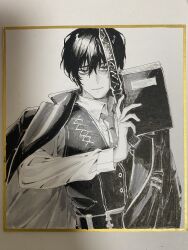 Rule 34 | 1boy, book, closed mouth, collared shirt, dagger, greyscale, highres, holding, holding book, holding dagger, holding knife, holding weapon, knife, limbus company, long sleeves, looking at viewer, monochrome, necktie, project moon, satome setsuko, shirt, solo, traditional media, upper body, vest, weapon, yi sang (project moon)