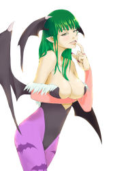 Rule 34 | 1girl, animal print, backlighting, bat print, breasts, capcom, cleavage, demon girl, elbow gloves, fingernails, from side, gloves, green hair, half-closed eyes, head wings, highres, large breasts, long fingernails, morrigan aensland, moser, nail polish, pantyhose, pointy ears, print pantyhose, purple pantyhose, simple background, solo, vampire (game), white background, wings