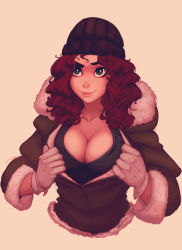 Rule 34 | 1girl, beanie, breasts, brown background, brown eyes, brown hair, cleavage, clothes pull, collarbone, curly hair, eyebrows, gloves, hat, highres, jacket, jacket pull, large breasts, lips, long hair, nose, pulled by self, raichiyo33, simple background, solo, upper body, white gloves