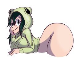 Rule 34 | 1girl, animal hood, ass, asui tsuyu, bent over, black eyes, boku no hero academia, bottomless, doeswhatever, frog girl, frog hood, green hair, hood, hoodie, huge ass, long hair, looking at viewer, smile, solo, thick thighs, thighs, tongue, tongue out, white background