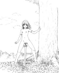 Rule 34 | 1girl, arm support, armlet, bad id, bad pixiv id, bare legs, blush, breasts, breasts apart, censored, cleft of venus, cloud, facing viewer, female masturbation, flat chest, full body, graphite (medium), grass, greyscale, harumachi nagaaki, high heels, highres, long hair, looking at viewer, masturbation, monochrome, navel, nipples, no socks, nude, object insertion, original, outdoors, planted, planted sword, planted weapon, public indecency, pussy, shoes, sky, small areolae, small breasts, small nipples, smile, solo, standing, sword, traditional media, tree, uncensored, vaginal, vaginal object insertion, weapon, weapon insertion