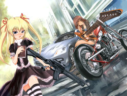 Rule 34 | 2girls, assault rifle, bible (object), black theme, black thighhighs, car, chrysler, cigarette, cigarette holder, electric guitar, foreshortening, goth fashion, guitar, gun, holding, holding cigarette, instrument, left-hand drive, m16, motor vehicle, motorcycle, multiple girls, rifle, shihira tatsuya, striped clothes, striped thighhighs, thighhighs, twintails, vehicle, weapon, white thighhighs
