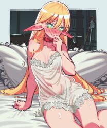 Rule 34 | 1girl, arm support, bare shoulders, bed sheet, blonde hair, blush, breasts, choker, closed mouth, dress, dungeon meshi, ear blush, ears down, elf, green eyes, hair between eyes, hair down, hand up, highres, lingerie, loen, long hair, looking at viewer, mage staff, marcille donato, medium breasts, negligee, on bed, outside border, panties, pillow, pointy ears, see-through, sitting, smile, solo, strap slip, string panties, underwear, valentine, very long hair, white dress, white panties