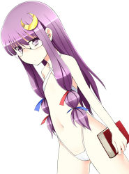 Rule 34 | 1girl, bad id, bad pixiv id, bespectacled, book, crescent, crescent hair ornament, flat chest, glasses, hair ornament, hair ribbon, kamata yuuya, long hair, navel, patchouli knowledge, purple eyes, purple hair, ribbon, slingshot swimsuit, solo, swimsuit, touhou