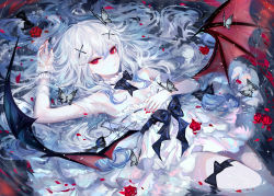 Rule 34 | 1girl, arm up, black bow, black ribbon, bow, bug, butterfly, collar, commentary, demon wings, dress, flower, from above, hair between eyes, hair ornament, hand on own chest, highres, insect, leg ribbon, long hair, looking at viewer, lying, nail polish, on back, original, partially submerged, petals, red eyes, red flower, ribbon, sheya, signature, sleeveless, sleeveless dress, solo, strapless, strapless dress, symbol-only commentary, thigh ribbon, very long hair, water, white butterfly, white collar, white dress, white hair, wings, wrist cuffs, x hair ornament