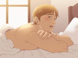 Rule 34 | 1boy, bed, blanket, blush, brown eyes, brown hair, commentary, hanpetos, lying, male focus, moblit berner, nude, on stomach, open mouth, pillow, shingeki no kyojin, solo, sunlight, sweatdrop, under covers, window