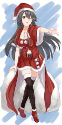 Rule 34 | 1girl, ;d, absurdres, alternate costume, ame-rain, belt, black hair, black thighhighs, boots, breasts, brown eyes, cleavage, full body, fur-trimmed boots, fur-trimmed legwear, fur-trimmed skirt, fur trim, hair between eyes, haruna (kancolle), hat, highres, kantai collection, large breasts, long hair, looking at viewer, midriff, navel, one eye closed, open mouth, red skirt, santa boots, santa costume, santa hat, skirt, smile, solo, thighhighs, zettai ryouiki