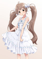 Rule 34 | 1girl, :p, ahoge, bare arms, bare shoulders, blue bow, blue ribbon, blurry, blush, bow, breasts, brown hair, closed mouth, collarbone, commentary request, cross-laced clothes, cross-laced dress, depth of field, dot nose, dress, feet out of frame, frilled dress, frills, goma konbu, gradient background, grey background, hair bow, hakozaki serika, head tilt, highres, idolmaster, idolmaster million live!, lone nape hair, long hair, looking at viewer, looking to the side, orange eyes, pure onepiece (idolmaster), raised eyebrows, ribbon, skirt hold, sleeveless, sleeveless dress, small breasts, solo, standing, swept bangs, three quarter view, tongue, tongue out, twintails, very long hair, white background, white bow, white dress