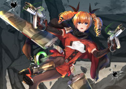 Rule 34 | ash arms, beads, blue eyes, boots, breasts, character request, cleavage, drill hair, dual wielding, gloves, gun, hair beads, hair ornament, highres, holding, looking at viewer, machine pistol, mecha musume, medium hair, mogami toki, open mouth, orange hair, pantyhose, photoshop (medium), scarf, stone pillar, twin drills, weapon, wings