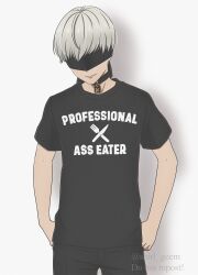 Rule 34 | 1boy, absurdres, black blindfold, black collar, black pants, black shirt, blindfold, collar, commentary, english commentary, english text, grey hair, hands in pockets, highres, male focus, nier:automata, nier (series), pants, shirl geem, shirt, solo, t-shirt, twitter username, upper body, watermark, 9s (nier:automata)