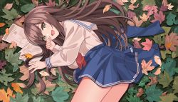 Rule 34 | 1girl, :3, :d, bare legs, blue jacket, blue skirt, blush, brown hair, chinese commentary, commentary request, feet out of frame, feng shao kky (arj0522), grass, hand up, highres, jacket, leaf, long hair, long sleeves, looking at viewer, lying, neckerchief, on side, open mouth, original, outdoors, paper, pleated skirt, red neckerchief, sailor collar, school uniform, shirt, skirt, smile, teeth, upper teeth only, white sailor collar, white shirt, yellow eyes