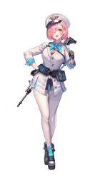 Rule 34 | 1girl, 2v (joyeong), absurdres, black gloves, bow, bowtie, breasts, cleavage, collar, collared shirt, formal, gloves, gun, hair over one eye, happy, hat, highres, military, military hat, military uniform, one eye covered, open mouth, original, pantyhose, pink hair, rifle, shirt, solo, strap, suit, uniform, weapon, wedge heels, white background, white pantyhose, white suit, yellow eyes