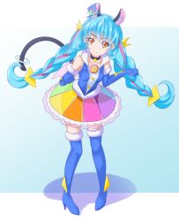 Rule 34 | aqua hair, boots, braid, brown eyes, cure cosmo, equus ignis, highres, multicolored hair, pink hair, precure, solo, star twinkle precure, thigh boots, thighhighs, twin braids, yuni (precure)