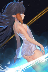 Rule 34 | 1girl, absurdres, ass, black background, black hair, breasts, dress, floating hair, gluteal fold, gradient hair, highres, hololive, hololive english, honkivampy, in water, long hair, looking back, mole, mole under eye, multicolored hair, ninomae ina&#039;nis, no bra, no panties, pointy ears, shooting star, sky, small breasts, solo, star (sky), starry sky, tentacle hair, virtual youtuber, white dress