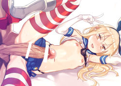 Rule 34 | 10s, 1boy, 1girl, bar censor, blonde hair, blue skirt, blush, boots, breasts, censored, crop top, elbow gloves, gloves, hairband, hetero, highleg, highleg panties, huge penis, kantai collection, large penis, long hair, looking at viewer, lying, microskirt, navel, nipples, on side, panties, penis, shimakaze (kancolle), skirt, small breasts, solo focus, spread legs, striped clothes, striped thighhighs, subachi, thighhighs, underwear, v, white background, white footwear, white gloves, yellow eyes