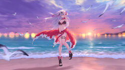 alternate_color asymmetrical_bangs beach beatrix_(granblue_fantasy) beatrix_(summer)_(granblue_fantasy) bikini bird breasts commentary commission evening eyewear_on_head granblue_fantasy high_heel_sandals highres large_breasts long_hair o-ring o-ring_top official_alternate_costume outdoors ponytail sarong seagull side-tie_bikini_bottom siun sunglasses swimsuit white_hair