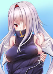 Rule 34 | 1girl, azur lane, blue background, blush, breast rest, breasts, colorado (azur lane), commentary request, covered erect nipples, crossed arms, grey hair, hair over one eye, hairband, highres, kirimori toya, long hair, long sleeves, looking at viewer, red eyes, sideboob, solo, upper body