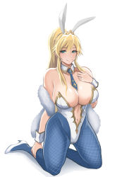 Rule 34 | 1girl, animal ears, aqua eyes, argyle, argyle clothes, argyle legwear, artoria pendragon (all), artoria pendragon (fate), artoria pendragon (lancer) (fate), artoria pendragon (swimsuit ruler) (fate), blonde hair, blue footwear, breasts, cleavage, commentary request, detached collar, fake animal ears, fate/grand order, fate (series), full body, hand on own chest, high heels, kneeling, large breasts, leotard, long hair, looking at viewer, navel, pantyhose, playboy bunny, ponytail, rabbit ears, shibusun, shiny skin, simple background, smile, solo, stomach, strapless, strapless leotard, white background, white footwear, white leotard, wrist cuffs