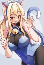Rule 34 | 1girl, animal ears, artist name, bell, blue leotard, bodystocking, breasts, brown eyes, cat bell, cat ears, cat tail, covered navel, fairy tail, fake animal ears, hair ornament, hair scrunchie, large breasts, leotard, looking at viewer, lucy heartfilia, pink scrunchie, reytsu, scrunchie, sidelocks, sleeveless, smile, tail, twintails